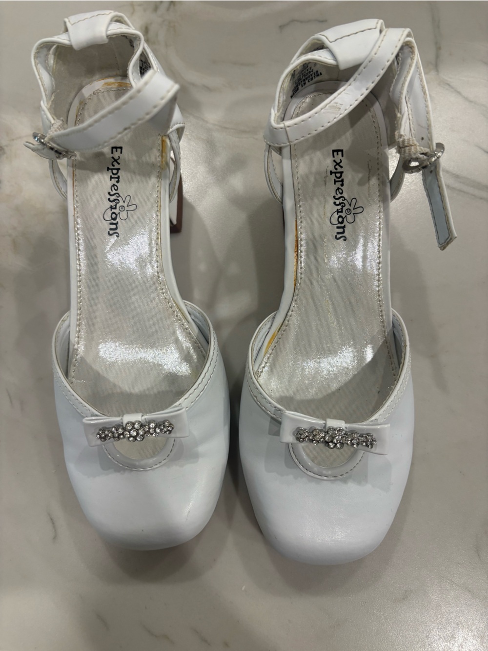 Expressions White Girls' Rhinestone Bow Ankle-Strap Heels size 2